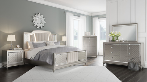 Chevanna Platinum 6 Pc. Dresser, Mirror, Chest, King Upholstered Panel Bed