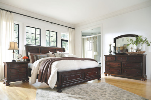 Porter Rustic Brown 6 Pc. Dresser, Mirror, King Sleigh Bed with 2 Storage Drawers, Nightstand