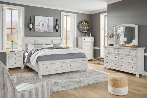 Robbinsdale Antique White 6 Pc. Dresser, Mirror, Chest, King Sleigh Bed with 2 Storage Drawers