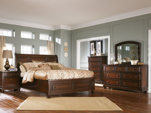 Porter Rustic Brown 6 Pc. Dresser, Mirror, Chest, Queen Sleigh Bed with 2 Storage Drawers