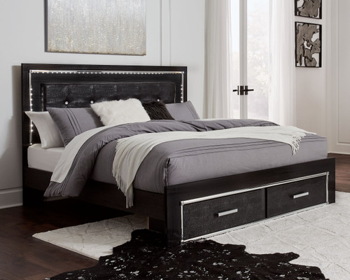 Kaydell Black King Upholstered Panel Bed with 2 Storage Drawers