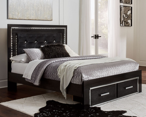 Kaydell Black Queen Upholstered Panel Bed with 2 Storage Drawers, Roll Slats