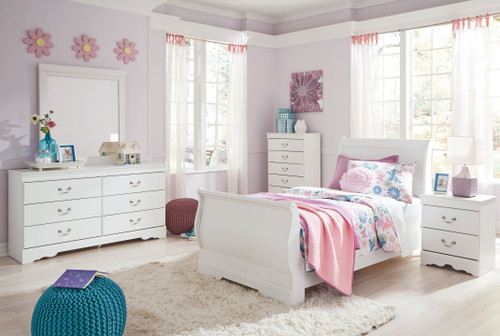 Anarasia White 7 Pc. Dresser, Mirror, Chest, Twin Sleigh Bed & Nightstand