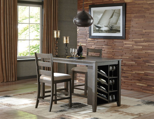 Rokane Light Brown 3 Pc. Rectangular Counter Table with Storage, 2 Upholstered Barstools