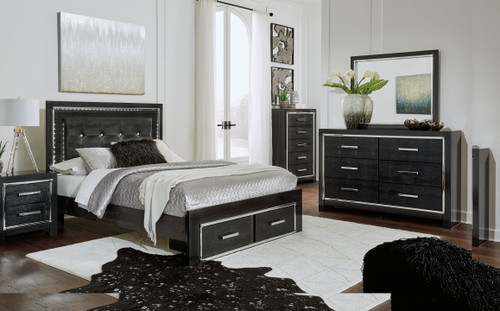 Kaydell Black 7 Pc. Dresser, Mirror, Chest, Queen Upholstered Panel Bed With 2 Storage Drawers, Roll Slats