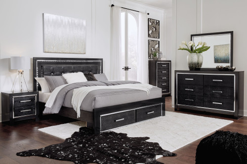 Kaydell Black 6 Pc. Dresser, Mirror, King Upholstered Panel Bed With 2 Storage Drawers, Roll Slats