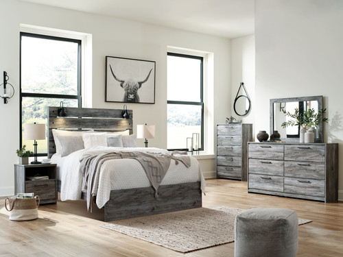 Baystorm Gray 7 Pc. Dresser, Mirror, Queen Panel Bed, 2 Nightstands