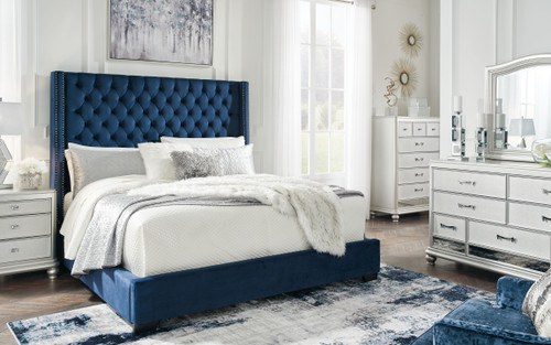 Coralayne Blue 7 Pc. Dresser, Mirror, Chest, California King Panel Bed, 2 Nightstands