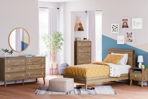 Aprilyn Light Brown 3 Pc. Dresser, Twin Bookcase Bed