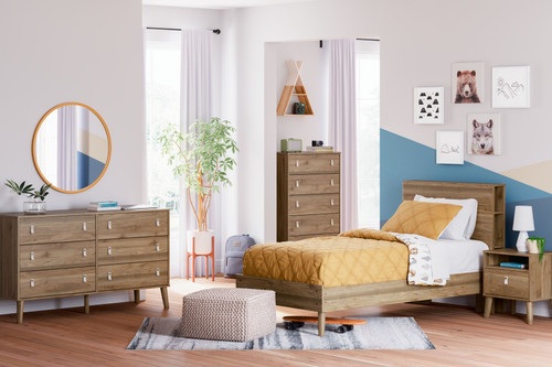 Aprilyn Light Brown 5 Pc. Dresser, Twin Bookcase Bed, 2 Nightstands