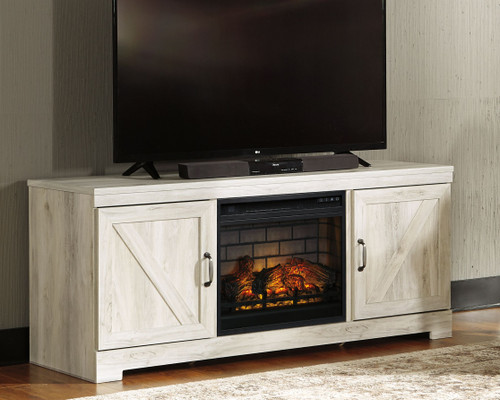 Bellaby Whitewash 63" TV Stand With Faux Firebrick Fireplace Insert