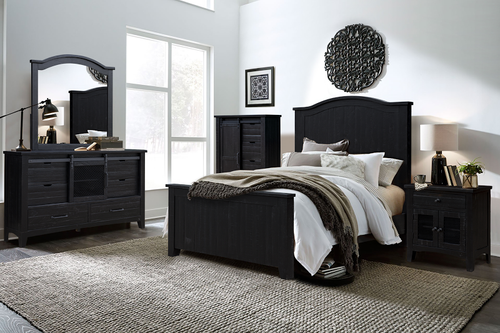 The Stockton Bedroom Collection in Vintage Black has a handsome farmhouse feel, the perfect addition to any master suite or guest room. Unique sliding doors on the chest and dresser and wire mesh overlays add to its one-of-a-kind look. Sturdy solid wood construction throughout means superior quality, versatility, and long-lasting style. The Stockton Bedroom Sets are offered in three distressed finishes: Vintage White, Vintage Black and Antique Ash.