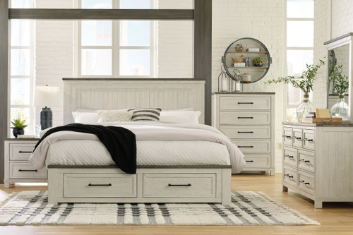 Brewgan Antique White 8 Pc. Dresser, Mirror, Chest, California King Panel Storage Bed, 2 Nightstands