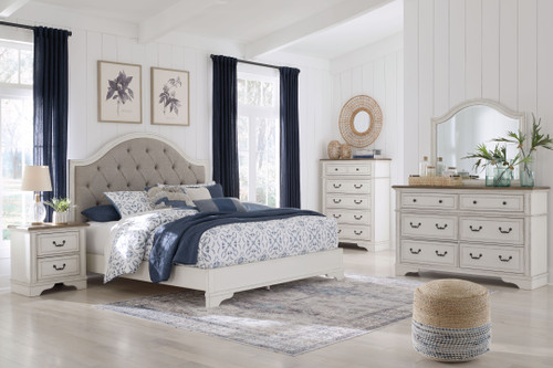 Brollyn White / Brown / Beige 5 Pc. Dresser, Mirror, Chest, California King Upholstered Panel Bed