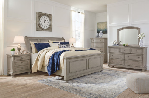 Lettner Light Gray California King Sleigh Bed 8 Pc. Dresser, Mirror, Chest, Cal King Bed, 2 Nightstands