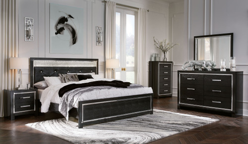 Kaydell Black 8 Pc. Dresser, Mirror, Chest, King Upholstered Glitter Panel Bed, 2 Nightstands