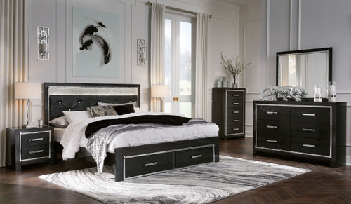 Kaydell Black 6 Pc. Dresser, Mirror, Chest, King Upholstered Glitter Panel Storage Bed