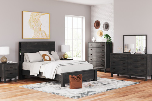Toretto Charcoal 9 Pc. Dresser, Mirror, Chest, Queen Panel Bookcase Bed, 2 Nightstands