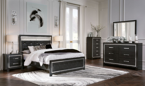 Kaydell Black 5 Pc. Dresser, Mirror, Queen Upholstered Glitter Panel Bed