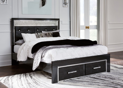 Kaydell Black Queen Upholstered Glitter Panel Storage Bed