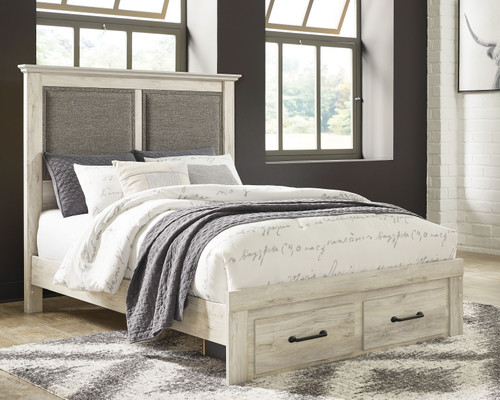 Cambeck Whitewash Queen Upholstered Panel Bed With 2 Storage Drawers
