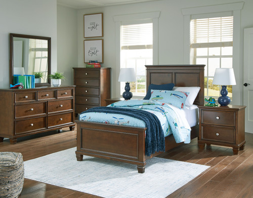 Danabrin Brown 8 Pc. Dresser, Mirror, Chest, Twin Panel Bed, 2 Nightstands