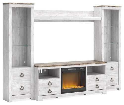 Willowton Whitewash 4-Piece Entertainment Center With 64" TV Stand And Glass/Stone Fireplace Insert