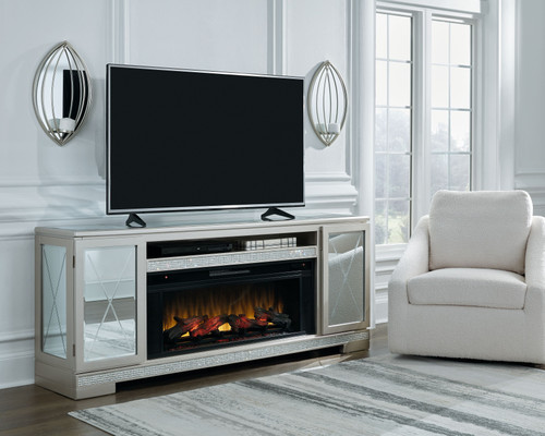 Flamory Silver 72" TV Stand With Electric Infrared Fireplace Insert