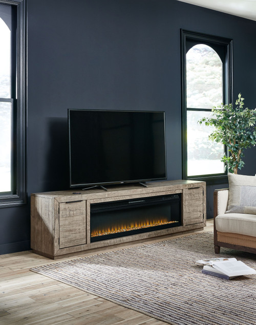 Krystanza Weathered Gray TV Stand With Wide Fireplace Insert