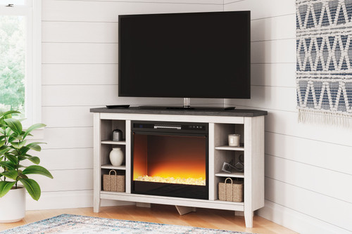 Dorrinson White / Black / Gray Corner TV Stand With Fireplace Insert Glass/Stone