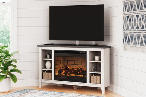 Dorrinson White / Black / Gray Corner TV Stand With Faux Firebrick Fireplace Insert