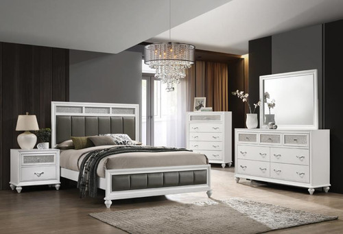 Barzini 5 Piece Bedroom Set (Panel Bed Frame, Nightstand, Chest And Dresser With Mirror) California King White