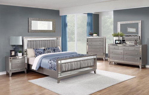 Leighton Eastern King 5 Piece Set (King Bed, Nightstand, Dresser, Mirror, Chest) Pearl Silver