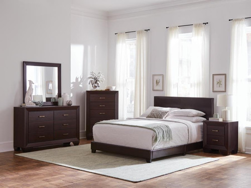 Dorian 5 Piece Bedroom Set Upholstered Queen Bed Brown