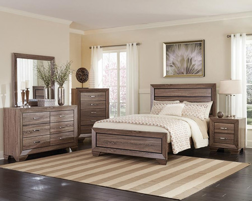 Kauffman Queen 4 Piece Set (Bed, Nightstand, Dresser, Mirror) Light Brown Wood