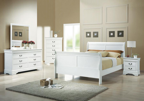 Louis Philippe Queen 4 Piece Set (Bed, Nightstand, Dresser, Mirror) White