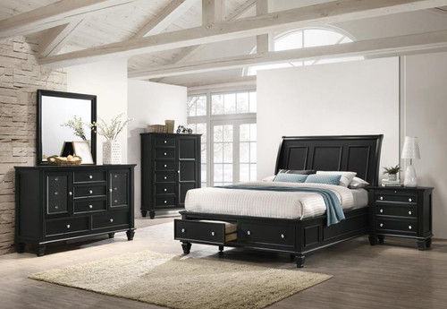 Sandy Beach Queen 4 Piece Set (Bed, Nightstand, Dresser, Mirror) Wood Black