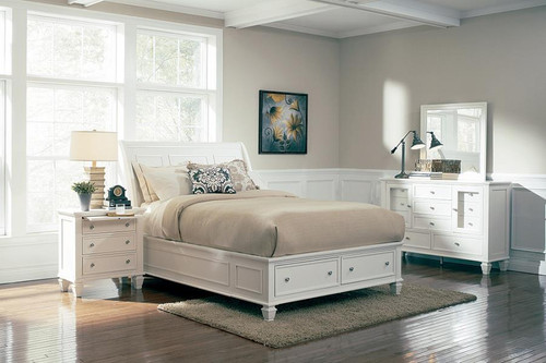 Sandy Beach Queen 5 Piece Set (Bed, Nightstand, Dresser, Mirror, Chest) Wood White