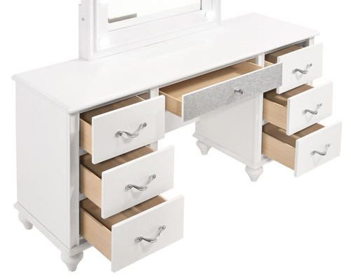 The Percy 7-Drawer Glass Top Vanity Desk With Lighting White sold at Hilton  Furniture serving Houston, TX and surrounding areas.