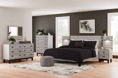 Vessalli Gray 9 Pc. Dresser, Mirror, Chest, King Panel Bed With Extensions, 2 Nightstands