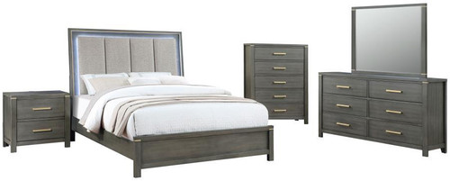 Kieran 5 Piece California King Bedroom Set With Upholstered LED Headboard Grey