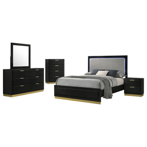 Caraway 5 Piece Eastern King Bedroom Set With LED Headboard Black And Grey