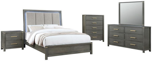 Kieran 5 Piece Eastern King Bedroom Set With Upholstered LED Headboard Grey