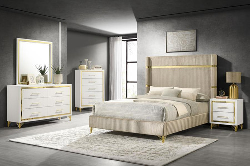 Lucia 5 Piece Bedroom Set With Upholstered Eastern King Wingback Panel Bed Beige