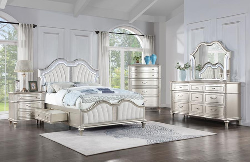 Veronica 5 Piece Eastern King Storage Bed With LED Headboard Silver Oak And Ivory