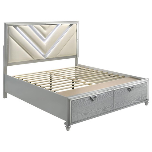 Veronica Eastern King Platform Storage Bed With Upholstered LED Headboard Light Silver And Star White