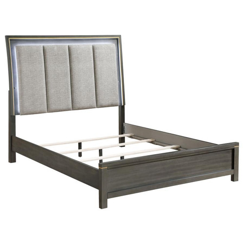 Kieran Queen Panel Bed With Upholstered LED Headboard Gray And Oyster Gray