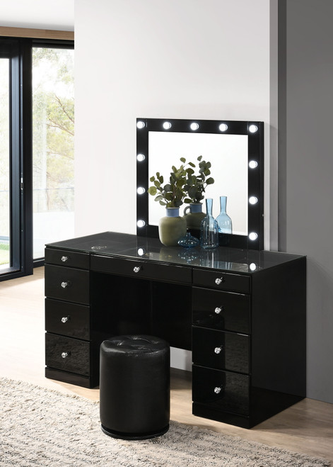 Avery Vanity Desk With Glass Top, Led Mirror & Stool Black