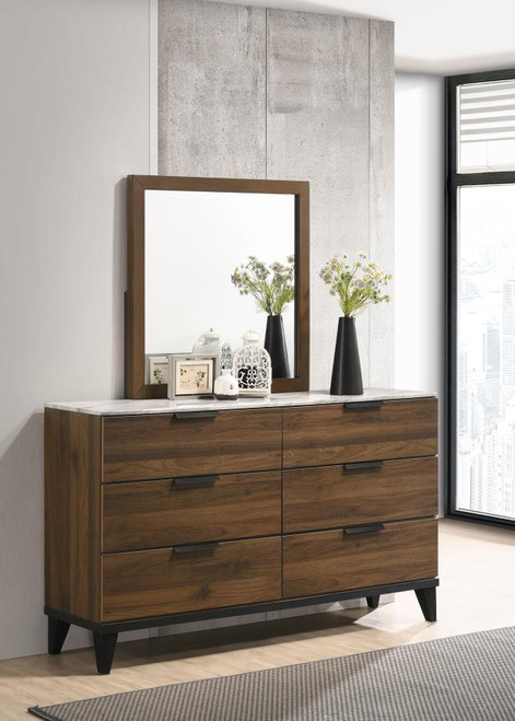 Mays 6-Drawer Dresser With Mirror With Faux Marble Top Walnut Brown