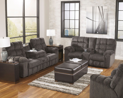 Acieona Slate Reclining Sofa with Drop Down Table, Double Rec Loveseat with Console & Swivel Rocker Recliner